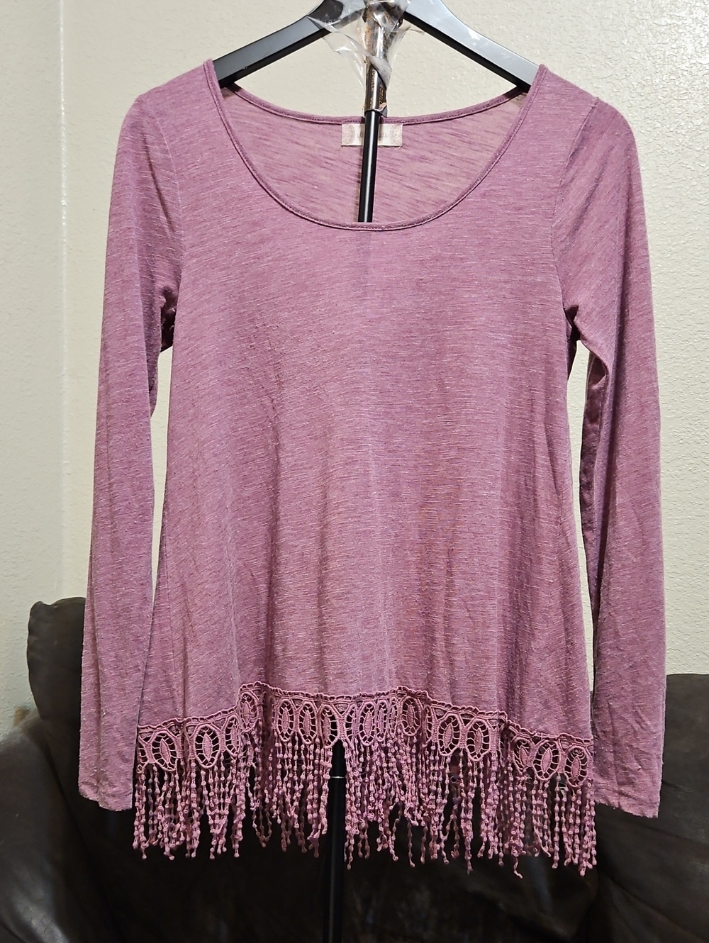 Altar'd State Dusty Mauve Long Sleeve Fringe Hem Top